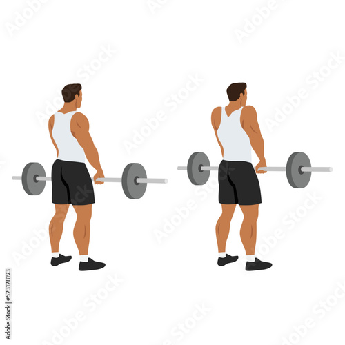Man doing Barbell shrugs back view exercise. Flat vector illustration isolated on white background