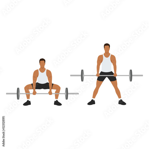 Man doing Sumo Barbell deadlifts exercise. Flat vector illustration isolated on white background