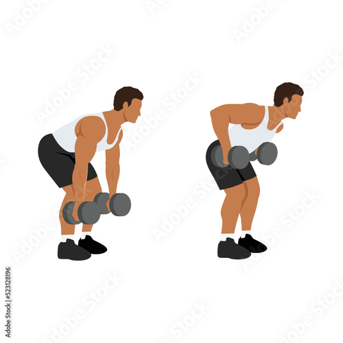 Man doing Dumbbell bent over rows exercise flat vector illustration isolated on white background