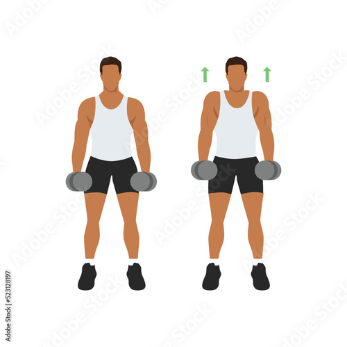 Man doing Dumbbell shrugs front view exercise. Flat vector illustration isolated on white background