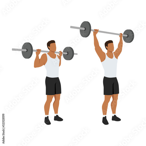 Man doing Standing behind the neck barbell shoulder press exercise. Flat vector illustration isolated on white background