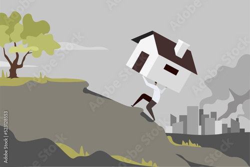 Conceptual illustration of a person, coming from a polluted city, climbing a hill carrying his home on his head