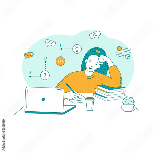 A girl at her desk, looking at her computer. Online learning. Distance education. Online courses.