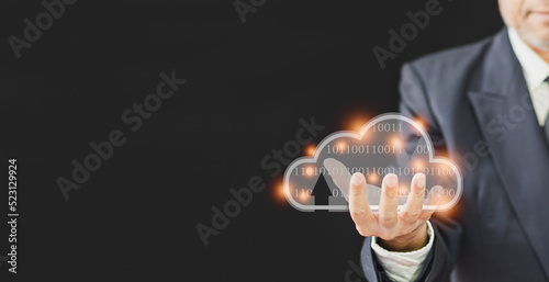 businessman hand hold datum digital cloud to connection network for download, upload database business information to storage server, man use technology internet on cyberspace online system for access