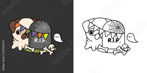 Halloween Pug Dog Clipart Multicolored and Black and White. Beautiful Clip Art Halloween Puppy. Cute Vector Illustration of a Kawaii Animal Character for Halloween Stickers.
