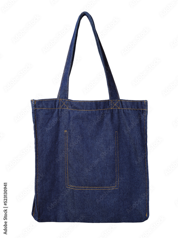 Blue cotton shopper bag with stitched pocket isolated on white background