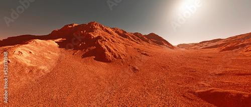 Mars planet landscape, 3d render of imaginary mars planet terrain background.