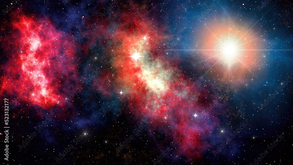 Nebulas and stars cosmic background, beautiful  picture of the universe with galaxies, cosmic nebulae and stars, science fiction backdrop, 3D illustration.