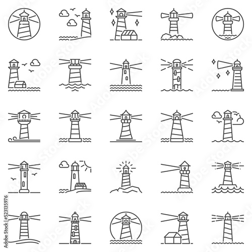 Lighthouse outline icons set. Lighthouses concept vector line symbols collection