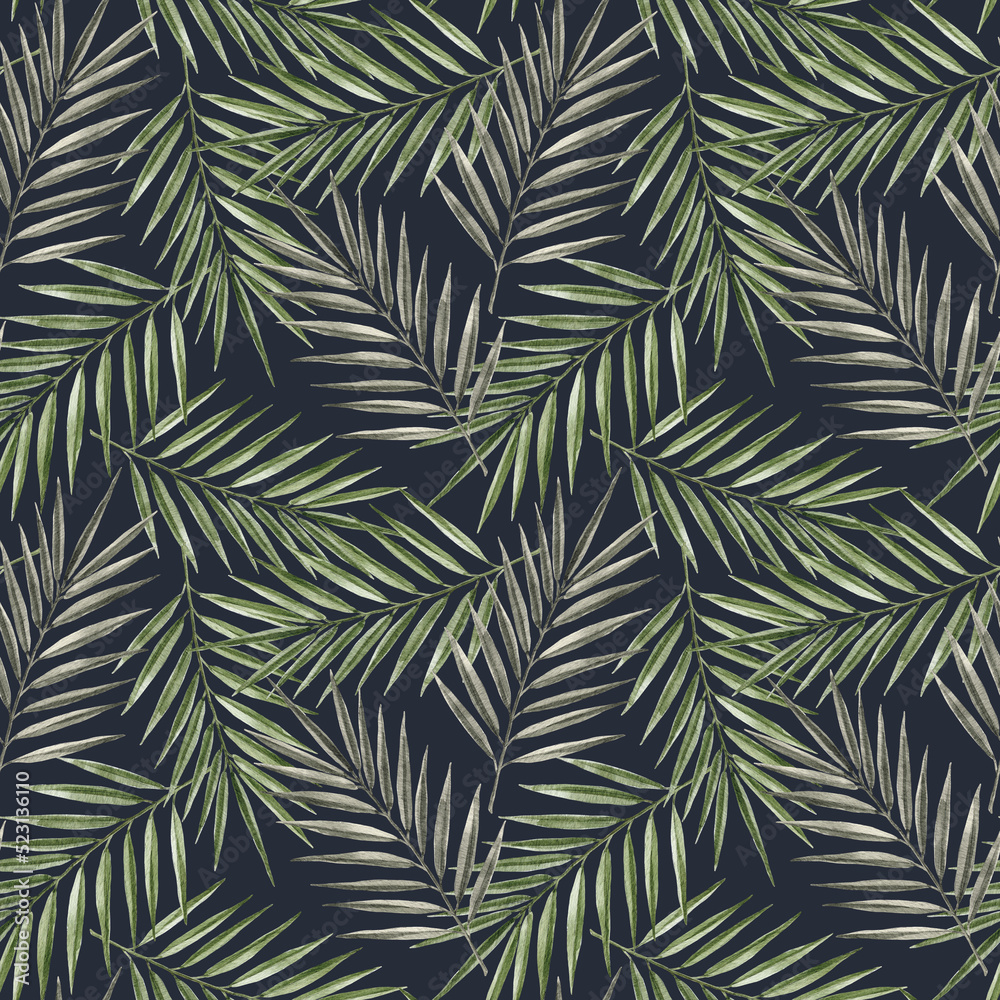 Beautiful tropical seamless pattern with hand drawn watercolor palm tree leaves. Stock illustration.