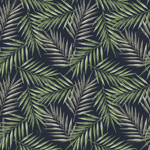 Beautiful tropical seamless pattern with hand drawn watercolor palm tree leaves. Stock illustration.