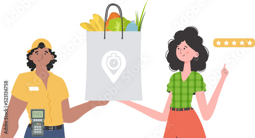 A male courier holds a package with groceries. Home delivery concept. Isolated. trendy style. Vector.