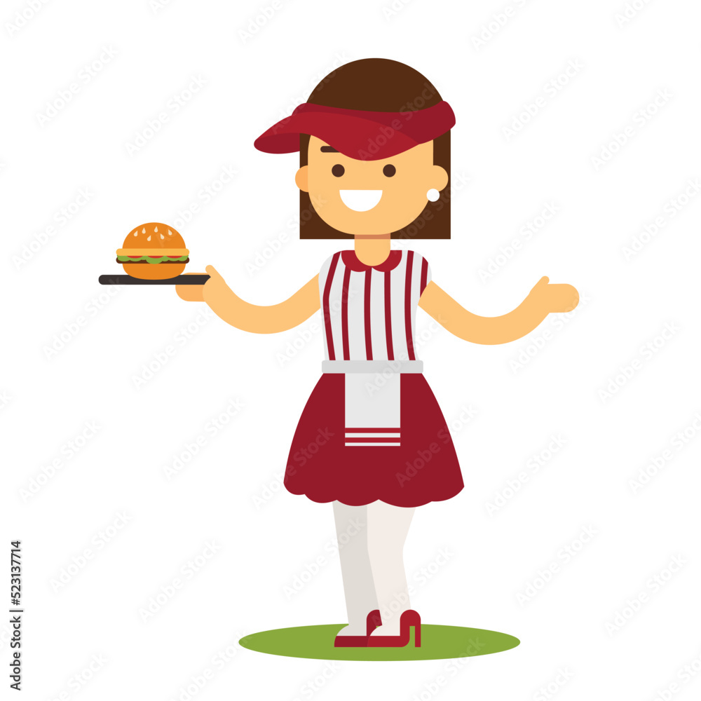 Fast food waitress holding a tray with burger Fast food waitress holding a tray with burger