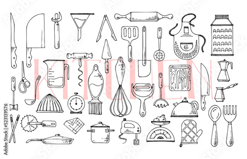 Set of kitchen tools doodles. Hand drawn kitchen equipments.