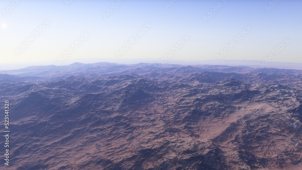 Mars like red planet, with arid landscape, rocky hills and mountains, for space exploration and science fiction backgrounds.
Mars like red planet, with arid landscape, rocky hills and mountains, for space exploration and science fiction backgrounds.