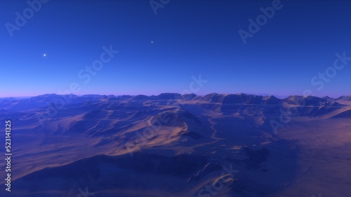 Mars like red planet  with arid landscape  rocky hills and mountains  for space exploration and science fiction backgrounds. 