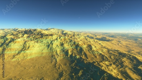 Mars like red planet  with arid landscape  rocky hills and mountains  for space exploration and science fiction backgrounds. 