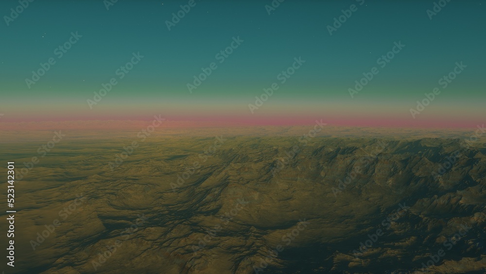 Mars like red planet, with arid landscape, rocky hills and mountains, for space exploration and science fiction backgrounds.
