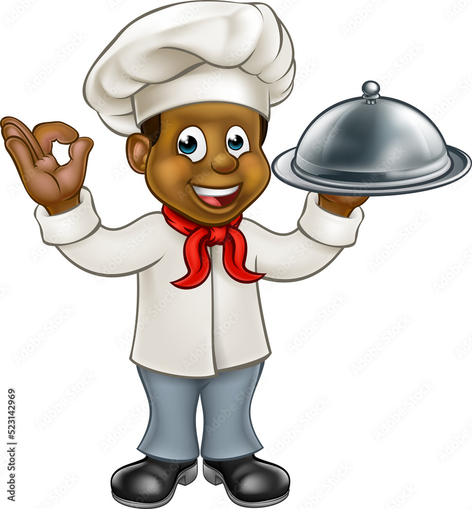 Cartoon black chef or baker character holding a silver cloche food meal plate platter and giving a perfect okay delicious cook gesture Cartoon black chef or baker character holding a silver cloche food meal plate platter and giving a perfect okay delicious cook gesture