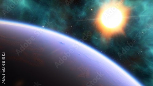 Fototapeta Naklejka Na Ścianę i Meble -  super-earth planet, realistic exoplanet, planet suitable for colonization, earth-like planet in far space, planets background 3d render
