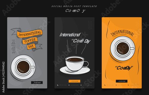 Set of social media post template with coffee in cartoon design for international coffee day design