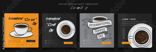 Social media post template with cartoon coffee and lettering design for coffee day campaign design