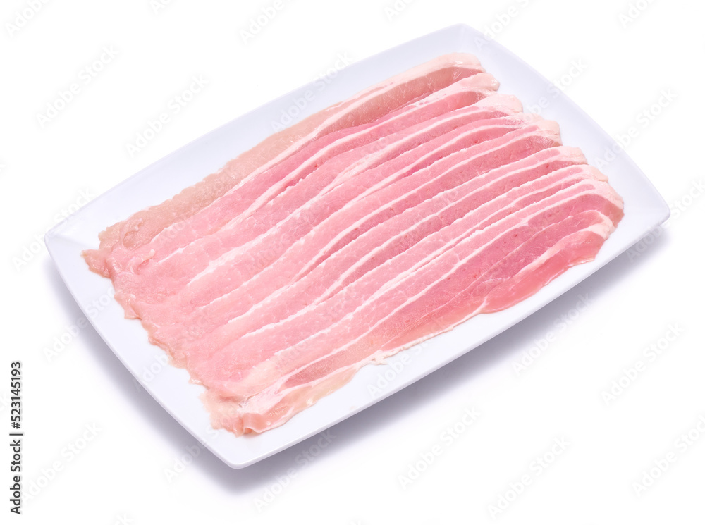 Bacon strips on ceramic plate isolated on white background Bacon strips on ceramic plate isolated on white background