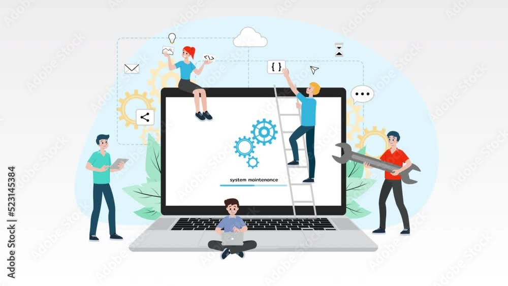 IT administrator with software upgrade process on laptop. Digital system device administration, network upkeeping, computer systems configuration concept. System maintenance application vector.