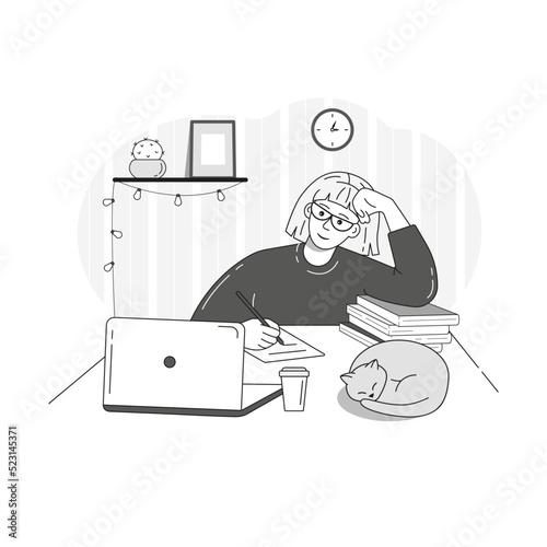 A girl at her desk, looking at her computer. Online learning. Distance education. Online courses.