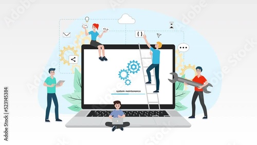 IT administrator with software upgrade process on laptop. Digital system device administration, network upkeeping, computer systems configuration concept. System maintenance application vector.