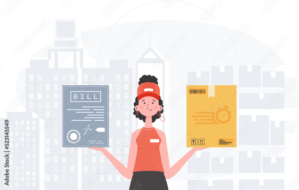 Home delivery concept. A woman courier is holding a parcel and a check. Trendy flat style. Vector. - obrazy, fototapety, plakaty 