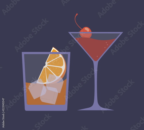 Alcoholic cocktails: cosmopolitan with maraschino and old fashioned with orange and ice in flat style on purple background, vector illustration