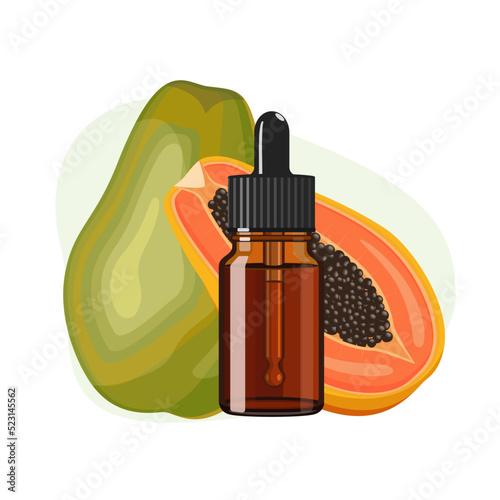 Papaya essential oil in brown glass bottle, herbal alternative medicine treatment product, vector Illustration on white background