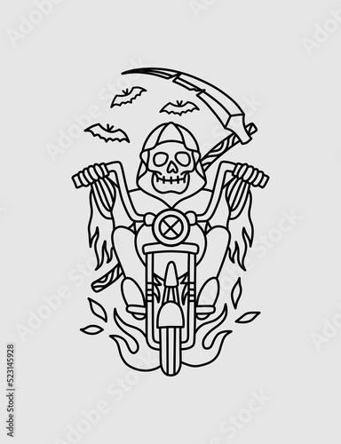 Grim reaper with scythe riding motorcycle, line art.