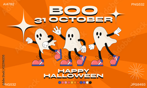 Funny halloween cartoon character. fashion poster. Vector illustration of boo ghost in 90s style. Set of comic elements in trendy retro cartoon style.