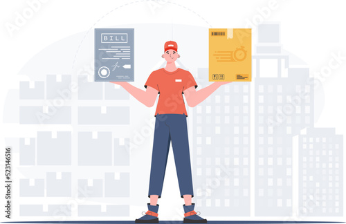 Delivery concept. Male courier Delivers a parcel and issues an invoice. trendy style. Vector.