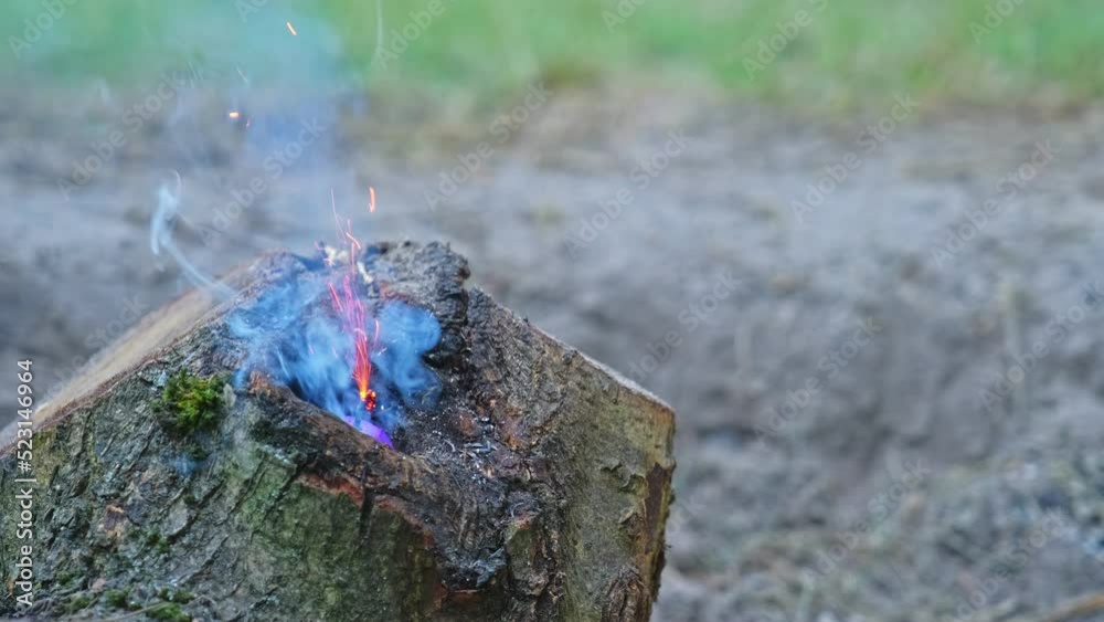 Small Purple Smoke Bomb Ignited Outdoors in Piece of Wood by Unsupervised Reckless Kids Small Purple Smoke Bomb Ignited Outdoors in Piece of Wood by Unsupervised Reckless Kids