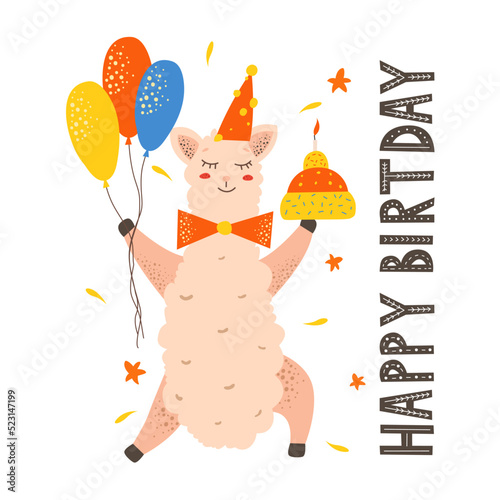 Hand drawn nursery birthday poster with little llama in scandinavian style. Color kids vector illustration