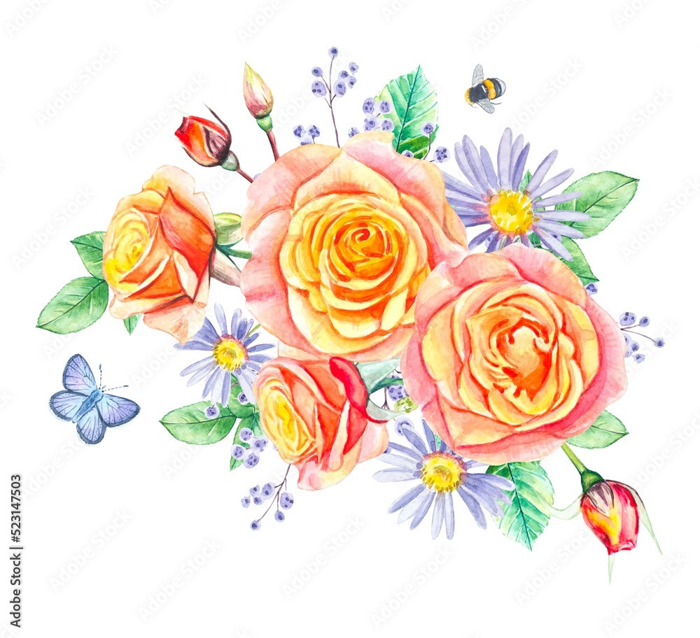 Beautiful bouquet with peach roses, watercolor card isolated on white background Beautiful bouquet with peach roses, watercolor card isolated on white background