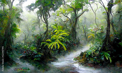 foggy misty jungle rainforest background, digital art