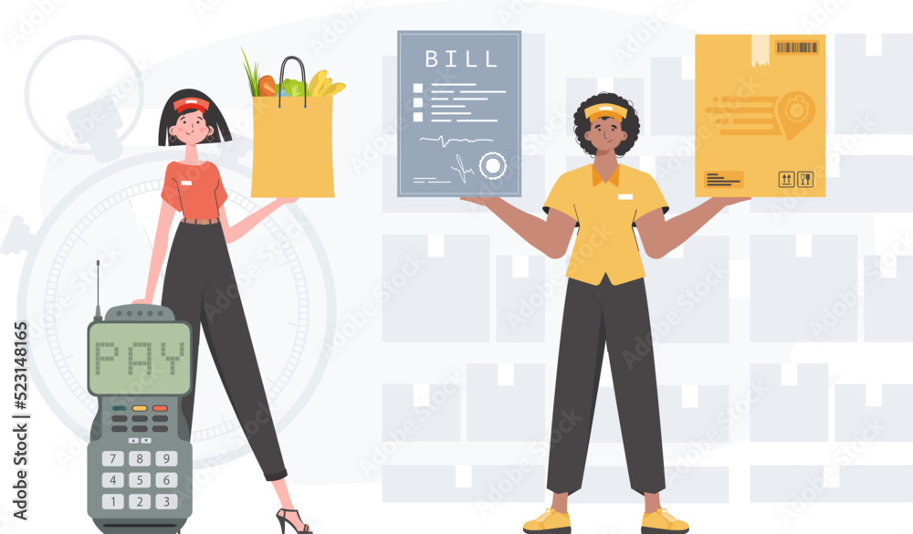 Obraz premium Home delivery concept. Food and parcel delivery people team. Finished banner. Cartoon style. Vector.