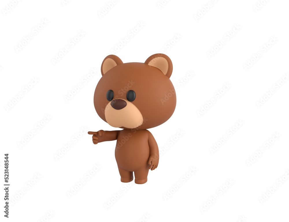 Little Bear character pointing finger to the left in 3d rendering. Little Bear character pointing finger to the left in 3d rendering.