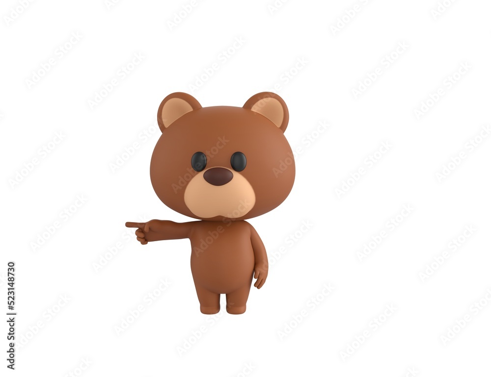Obraz premium Little Bear character pointing his finger to the left in 3d rendering.