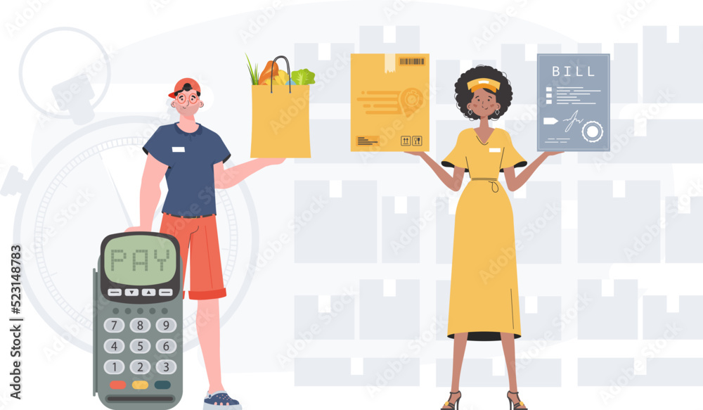 Home products. Food delivery. Delivery team. Finished banner. trendy style. Vector. Home products. Food delivery. Delivery team. Finished banner. trendy style. Vector.