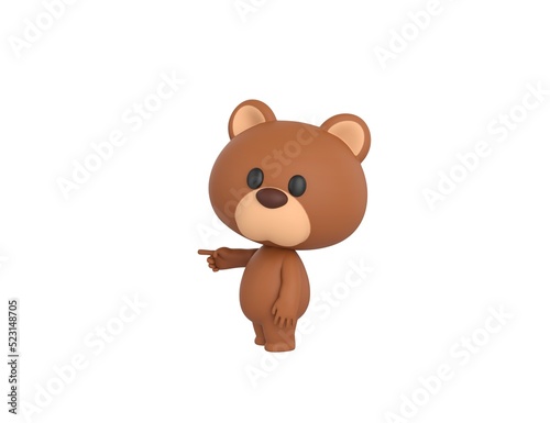 Little Bear character pointing index finger to the left in 3d rendering.