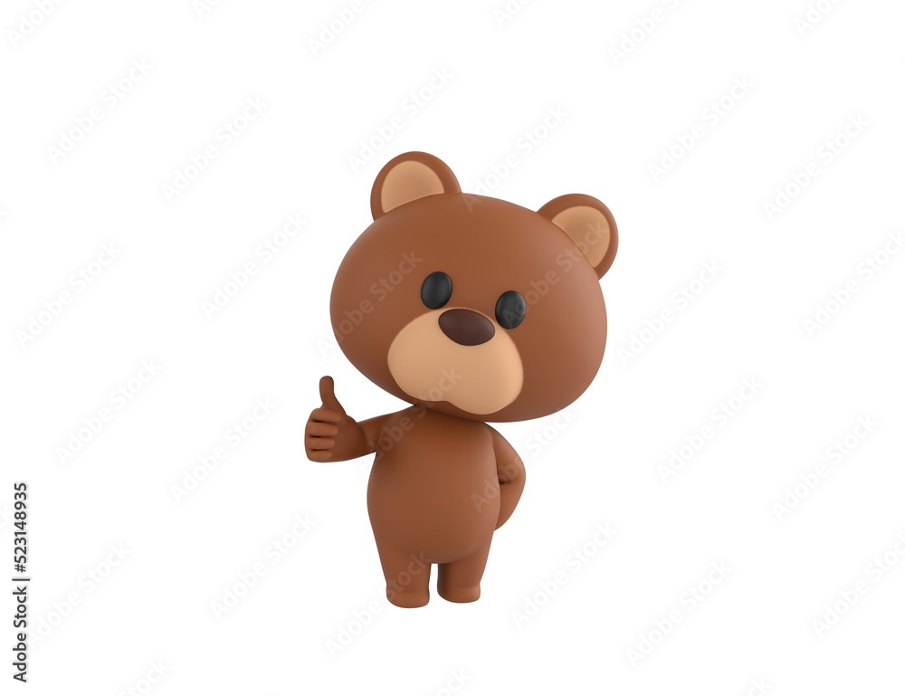 Fototapeta premium Little Bear character showing thumb up with right hand in 3d rendering.