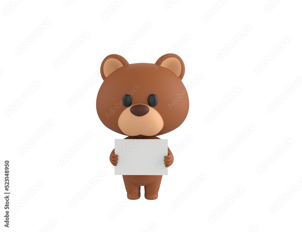 Fototapeta premium Little Bear character holding a blank billboard in 3d rendering.