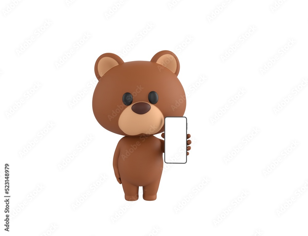 Fototapeta premium Little Bear character showing his phone in 3d rendering.