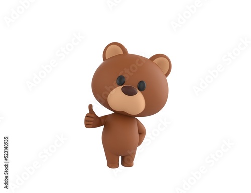 Little Bear character showing thumb up with right hand in 3d rendering.