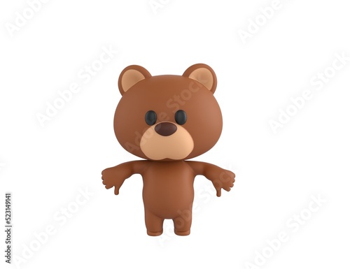 Little Bear character showing thumb down with two hands in 3d rendering.